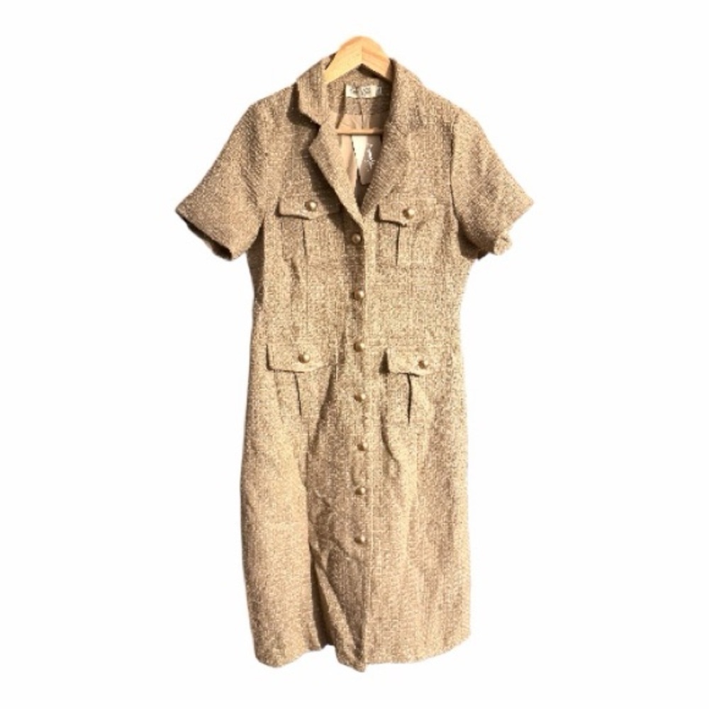 Beige Tweed Button-Down Dress - Picture 2 of 6